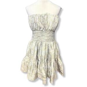 ByTimo A-Line Mini Dress Ruffled Hem Strapless Floral Brocade Blue Gold L NWOT